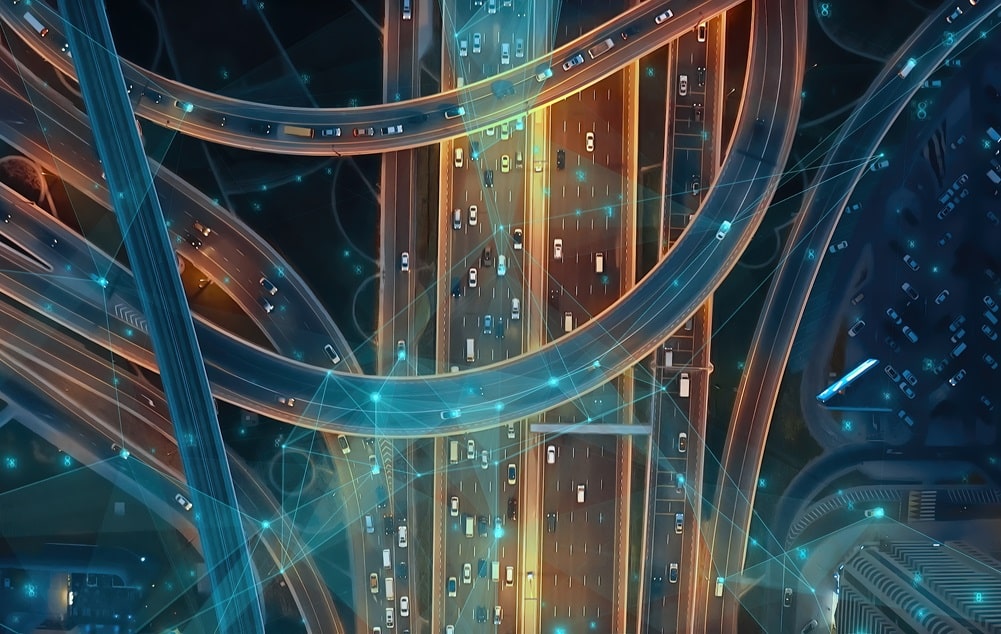 Ai Cars Logistic Autonomous Delivery Traffic Monitoring IoT GPS Satellite Connection 5G Smart City Traffic Junction Highway Establishing Connection Satellites Triangulation Of Transportation Data